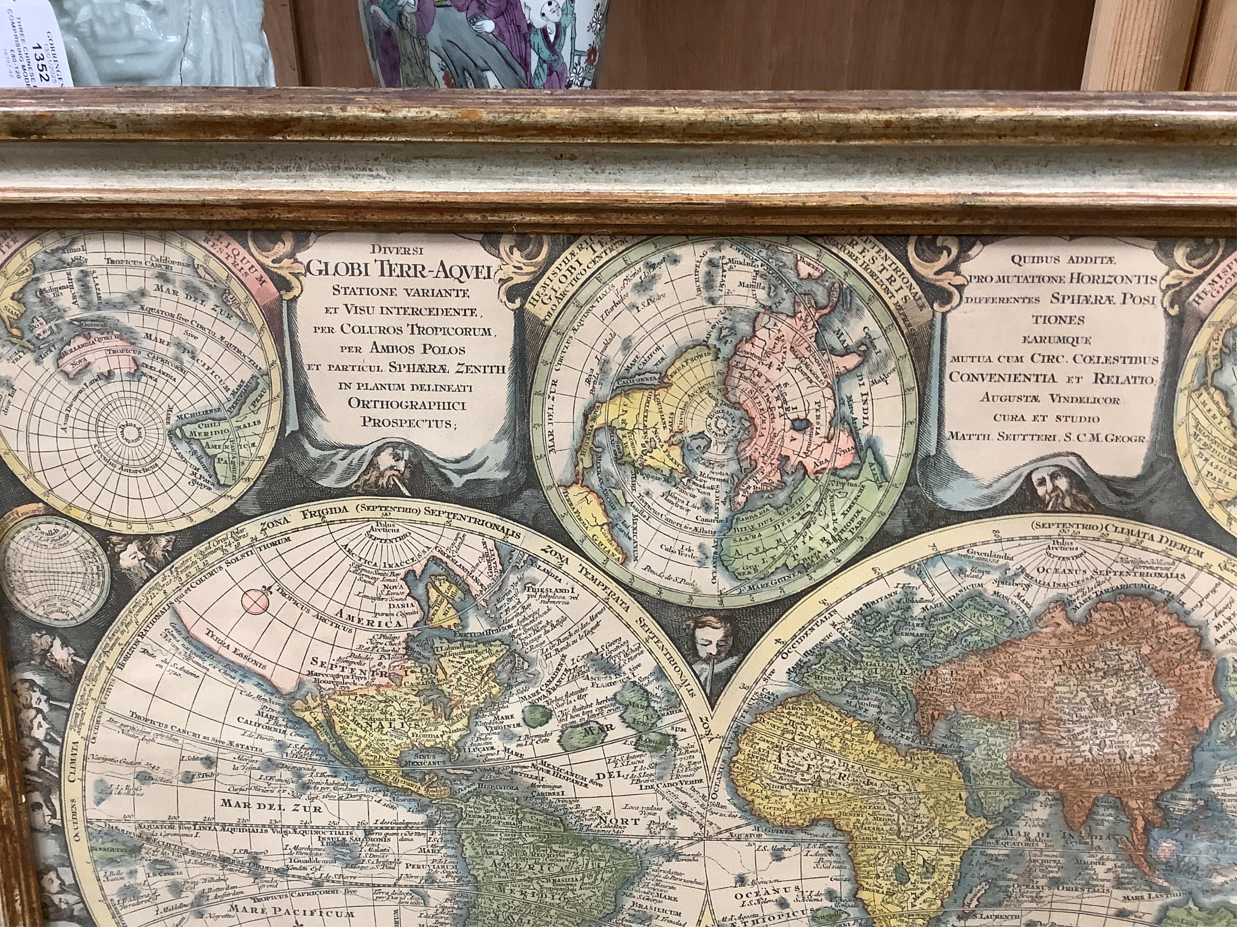 Two decorative maps comprising, after Matthew Seutter, double hemisphere world map and a similar example after G. Valk, 44 x 51cm. Condition - good